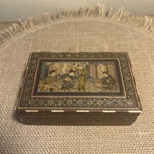 Vintage Persian Khatam Trinket Box Mini Mosaic With inlay Figural